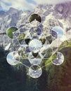 Collage with the mountain landscape and the symbol MetatronÃ¢â¬â¢s Cube Royalty Free Stock Photo